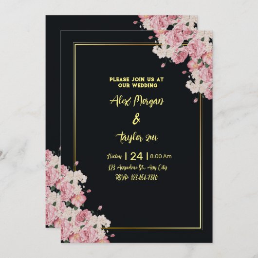 Zwarte en gouden bloemen bruiloft uitnodiging (Voorkant / Achterkant)