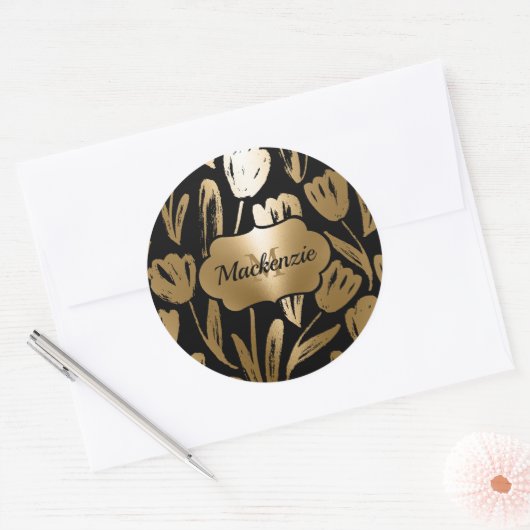 Zwarte en gouden bloemen ronde sticker (Envelop)