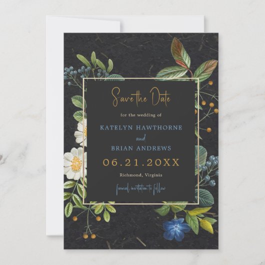Zwarte en gouden  bloemen Sla de datum op Save The Date (Voorkant)