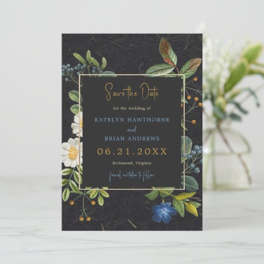 Zwarte en gouden  bloemen Sla de datum op Save The Date (Staand voorkant)