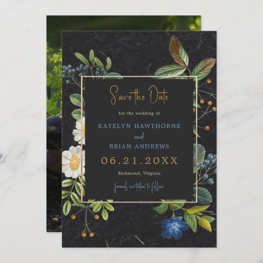 Zwarte en gouden  bloemen Sla de datum op Save The Date (Voorkant / Achterkant)