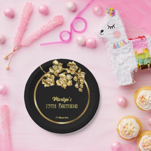 Zwarte en gouden bloemen verjaardagsfeest geperson papieren bordje (Feest)