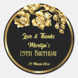 Zwarte en gouden bloemen verjaardagsfeest geperson ronde sticker
