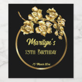 Zwarte en gouden bloemen verjaardagsfeest geperson wijn etiket (Enkel label)
