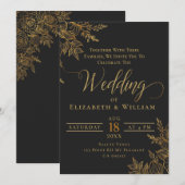 Zwarte en gouden bloemenbruiloft kaart (Voorkant / Achterkant)