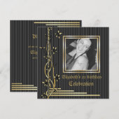 Zwarte en gouden bloemengrens verjaardagsuitnodigi kaart (Voorkant / Achterkant)