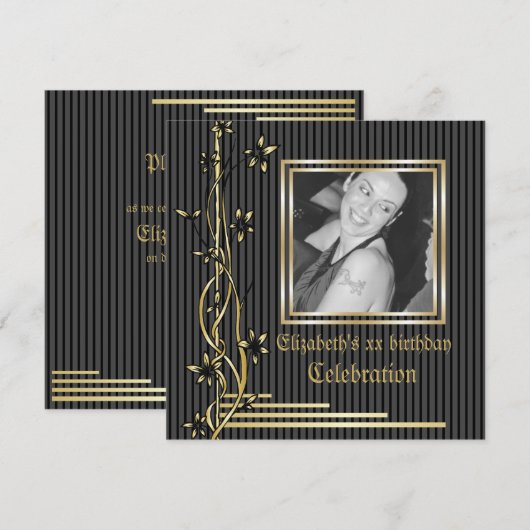 Zwarte en gouden bloemengrens verjaardagsuitnodigi kaart (Voorkant / Achterkant)