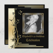 Zwarte en gouden bloemengrens verjaardagsuitnodigi kaart (Voorkant / Achterkant)