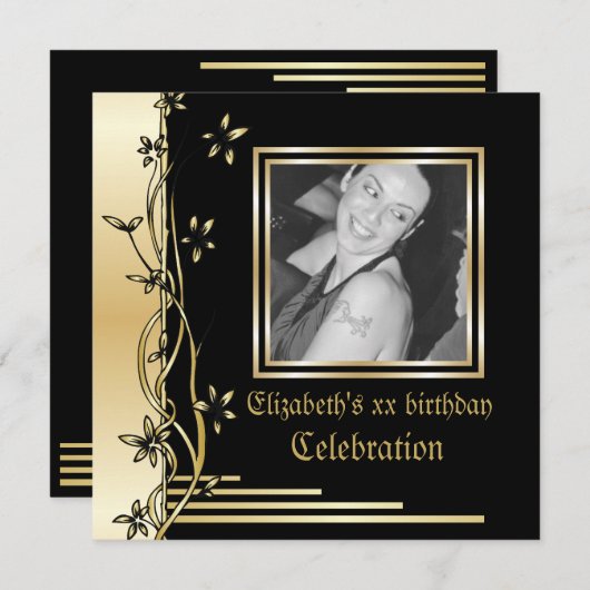 Zwarte en gouden bloemengrens verjaardagsuitnodigi kaart (Voorkant / Achterkant)