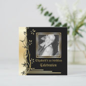 Zwarte en gouden bloemengrens verjaardagsuitnodigi kaart (Staand voorkant)