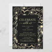 Zwarte en gouden bloemige huwelijksreceptie kaart (Voorkant)