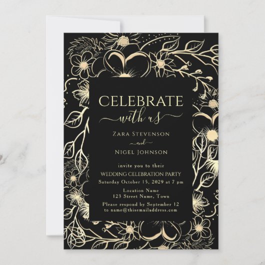 Zwarte en gouden bloemige huwelijksreceptie kaart (Voorkant)