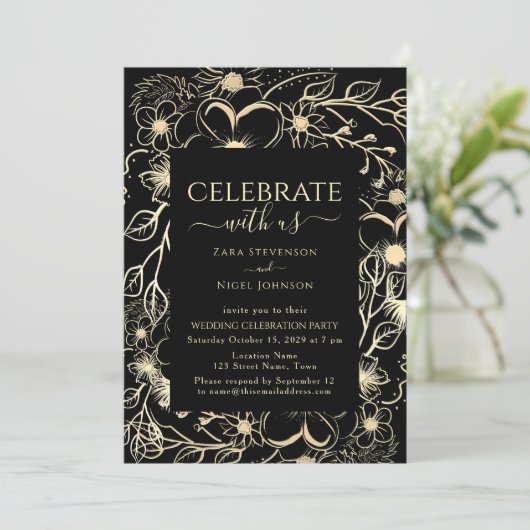 Zwarte en gouden bloemige huwelijksreceptie kaart (Staand voorkant)