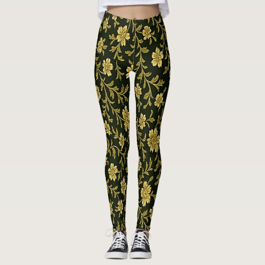 Zwarte en gouden bloemige leggings (Voorkant)