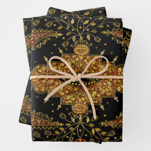 Zwarte en gouden bloemmotief inpakpapier vel