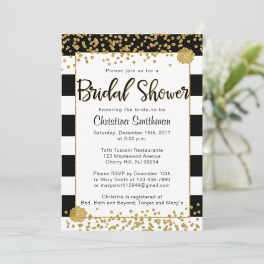 Zwarte en gouden bruids douche uitnodigingen (Staand voorkant)
