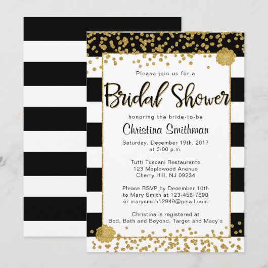 Zwarte en gouden bruids douche uitnodigingen (Voorkant / Achterkant)