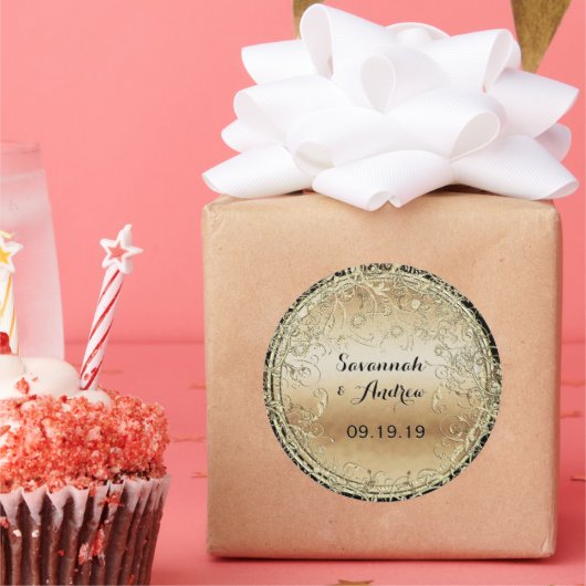 Zwarte en gouden bruiloft ronde sticker (Feest)