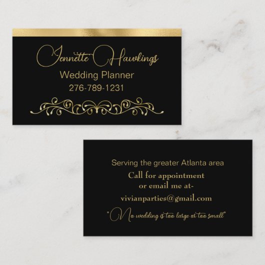 Zwarte en gouden bruinbruidsplanner visitekaartje (Voorkant / Achterkant)