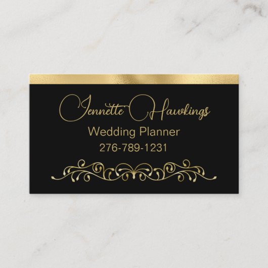 Zwarte en gouden bruinbruidsplanner visitekaartje (Voorkant)