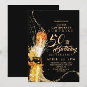 Zwarte en gouden champagne 50ste verjaardag kaart (Voorkant / Achterkant)