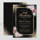Zwarte en gouden Confetti blozen 50e verjaardag Kaart (Voorkant / Achterkant)