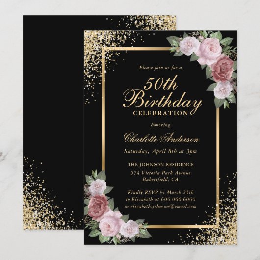 Zwarte en gouden Confetti blozen 50e verjaardag Kaart (Voorkant / Achterkant)