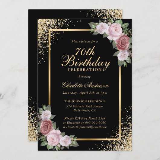 Zwarte en gouden Confetti blozen 70e verjaardag Kaart (Voorkant / Achterkant)