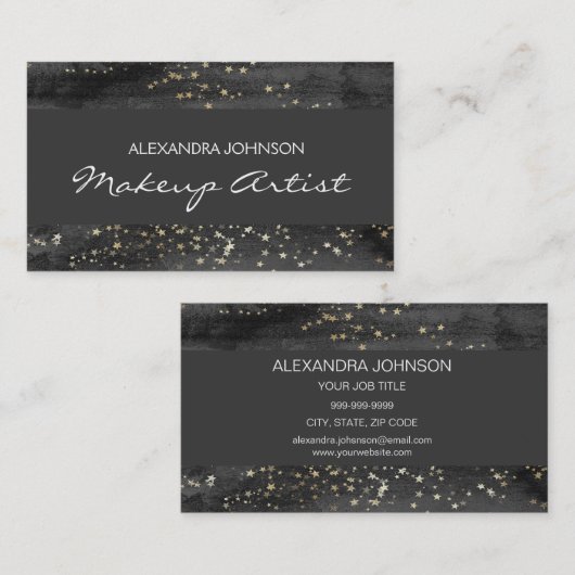 Zwarte en gouden Confetti Stars Makeup Artist Visitekaartje (Voorkant / Achterkant)