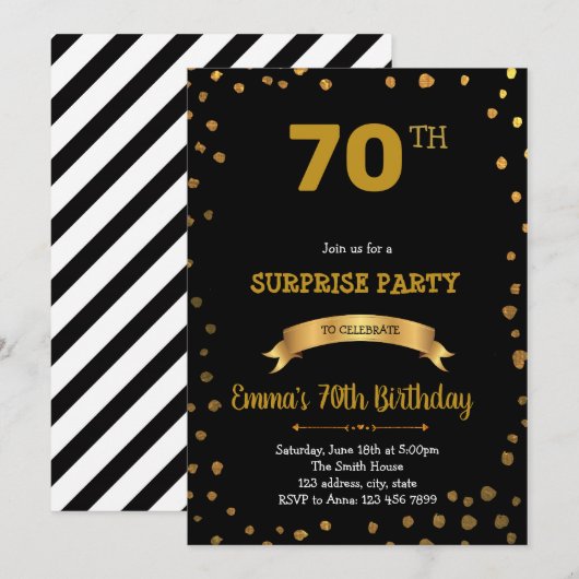 Zwarte en gouden confetti uitnodiging (Voorkant / Achterkant)