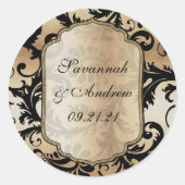 Zwarte en Gouden Damast Trouwsticker Ronde Sticker (Voorkant)