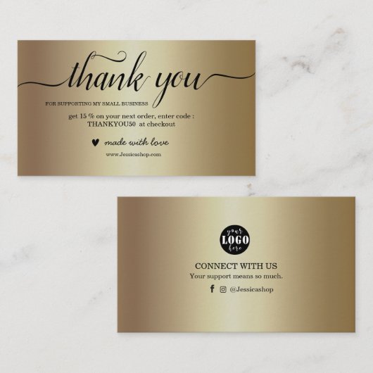 Zwarte en gouden dank voor uw kaart voor bestelver visitekaartje (Voorkant / Achterkant)