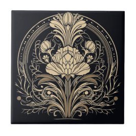 Zwarte en gouden elegante Floral Art Deco Tegeltje
