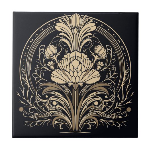Zwarte en gouden elegante Floral Art Deco Tegeltje (Voorkant)