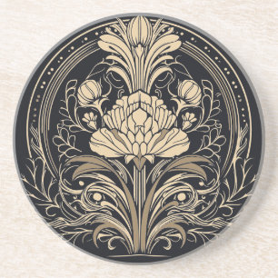 Zwarte en gouden elegante Floral Art Deco Zandsteen Onderzetter