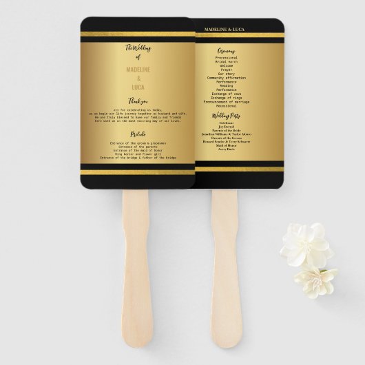 Zwarte en Gouden Elegante Huwelijksprogramma's Handwaaier (Voorkant en achterkant)