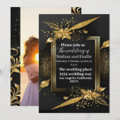 Zwarte en gouden elegante huwelijksuitnodiging kaart (Voorkant / Achterkant)