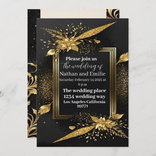 Zwarte en gouden elegante huwelijksuitnodiging kaart (Voorkant / Achterkant)