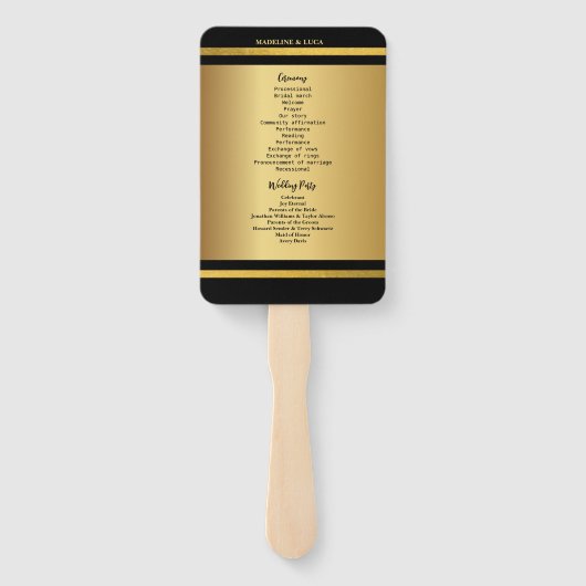 Zwarte en gouden elegante trouwprogramma's handwaaier (Achterkant)