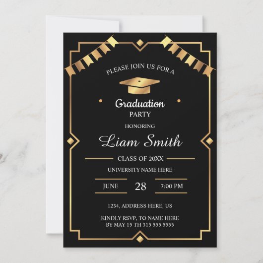 Zwarte en gouden elegante uitnodiging voor afstude (Voorkant)