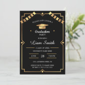 Zwarte en gouden elegante uitnodiging voor afstude (Staand voorkant)
