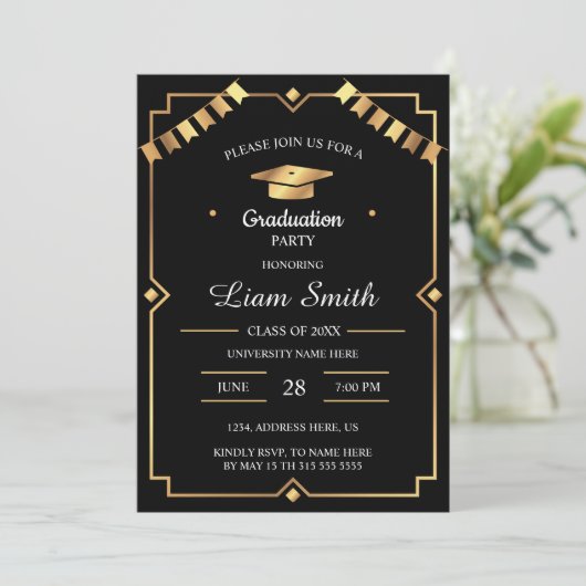 Zwarte en gouden elegante uitnodiging voor afstude (Staand voorkant)