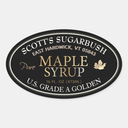 Zwarte en gouden esdoornsiroop met goudblad ovale sticker (Voorkant)