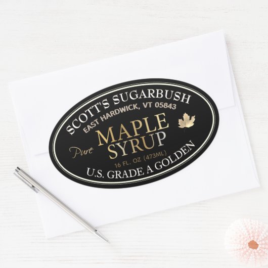 Zwarte en gouden esdoornsiroop met goudblad ovale sticker (Envelop)