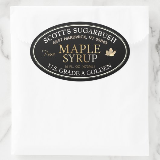 Zwarte en gouden esdoornsiroop met goudblad ovale sticker (Tas)