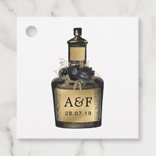 Zwarte en gouden fles monogram bedankjes labels (Voorkant)