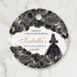 Zwarte en gouden flora Quinceanera Circle Favor Ta Bedankjes Labels