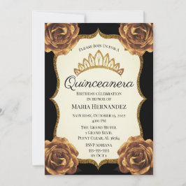 Zwarte en gouden Floral Quinceanera Birthday Kaart