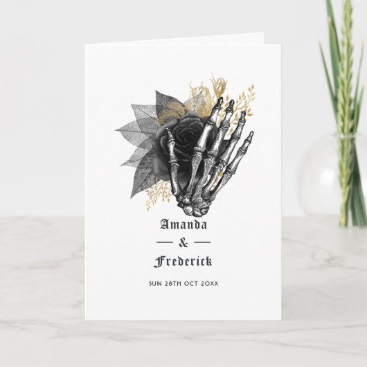 Zwarte en gouden Floral Skeleton Gothic Wedding Programma (Voorkant)