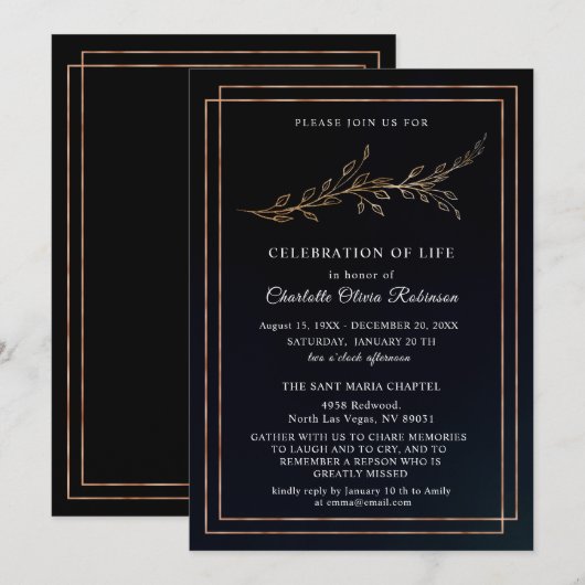 Zwarte en gouden Florale viering van het leven Uit Bedankkaart (Voorkant / Achterkant)